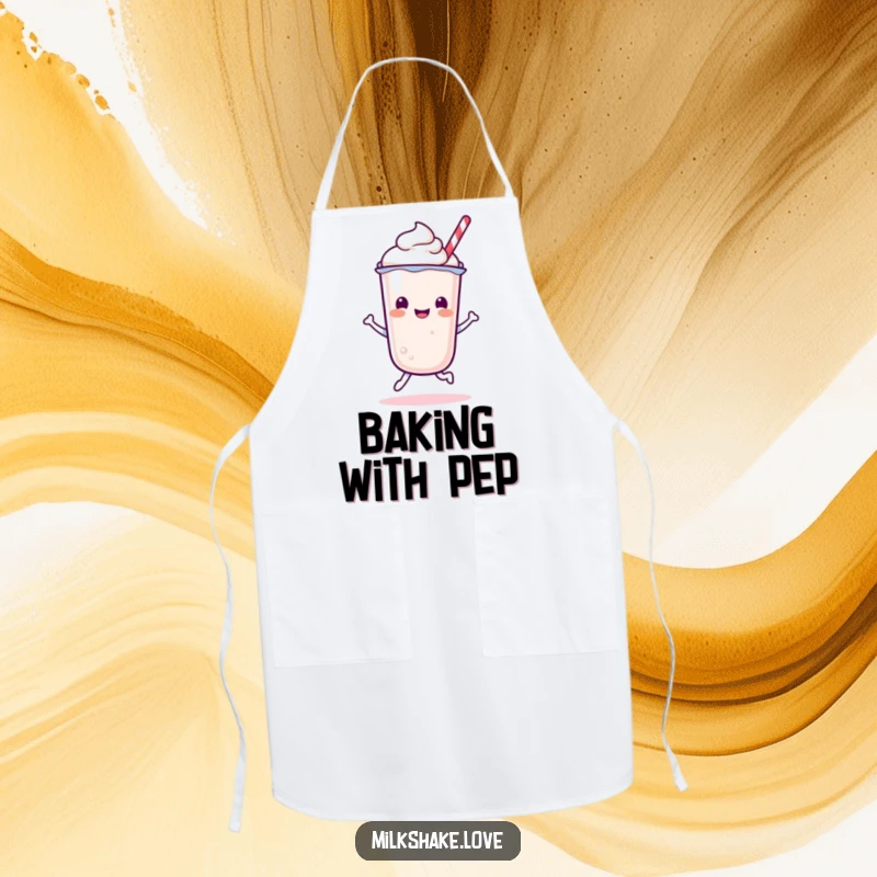 Funny Kawaii Milkshake character doing a happy bounce on a cute and functional kitchen apron.