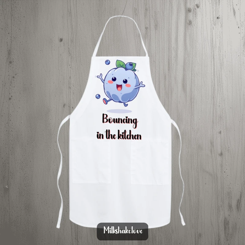 Funny Blueberry Bounce Apron showcasing a plump blueberry character bouncing with enthusiasm, ideal for cheerful kitchen activities and wear.