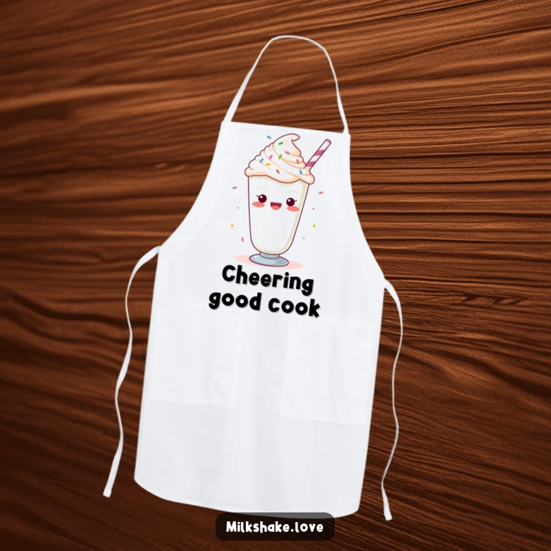 Funny Kawaii milkshake with whipped cream and sprinkles, cheering, printed on a kitchen apron for sweet and festive culinary creations.