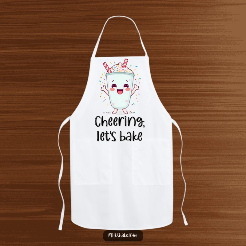 Funny apron showing a happy milkshake character cheering with colorful sprinkles exploding around it.