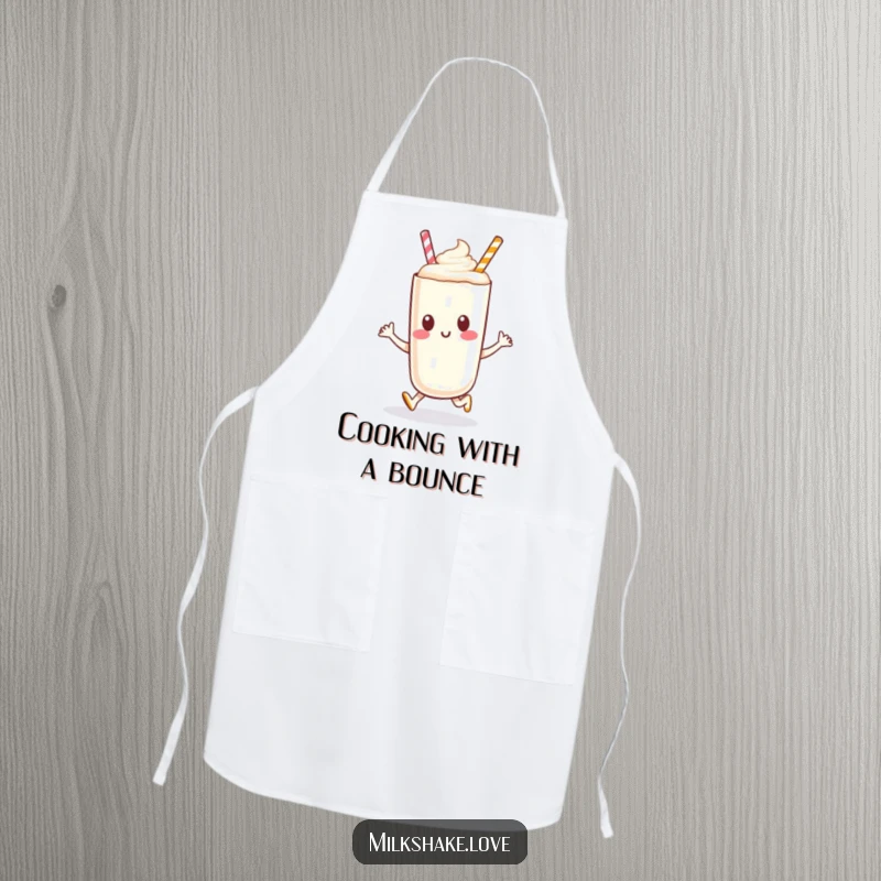 A happy anthropomorphic milkshake character performing a joyful hop, featured on a practical and funny apron.