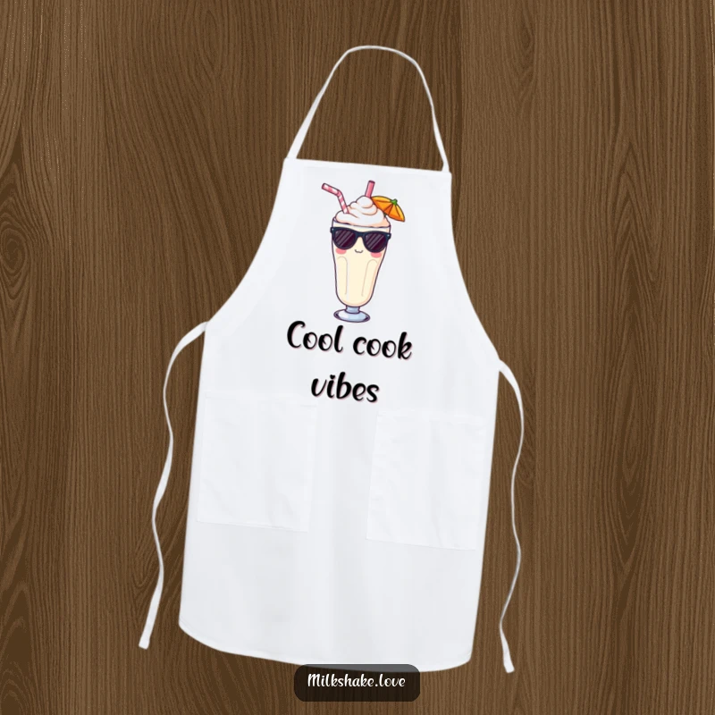 Funny Kawaii milkshake apron, a cool beverage wearing sunglasses and a straw, perfect for making cooking tasks more enjoyable.