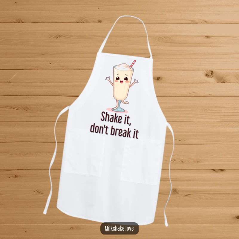 Funny Apron showcasing a milkshake with legs joyfully dancing, designed to protect while adding humor to cooking.