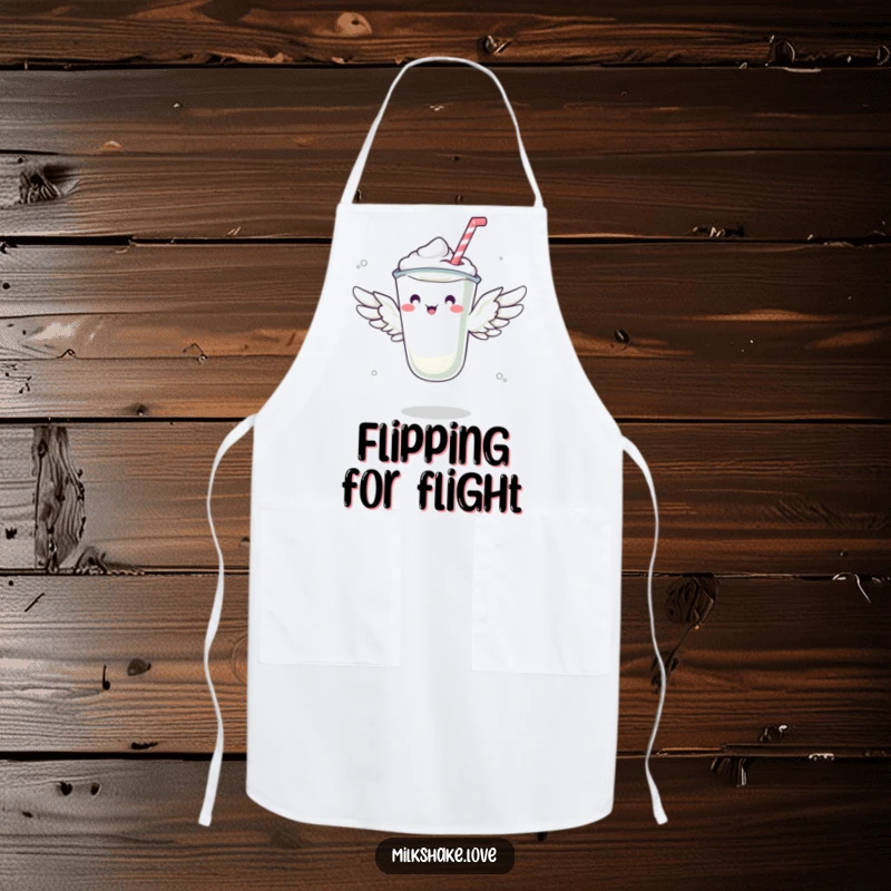 Funny apron with a milkshake sporting tiny wings, humorously attempting flight while you cook, a whimsical kitchen accessory.