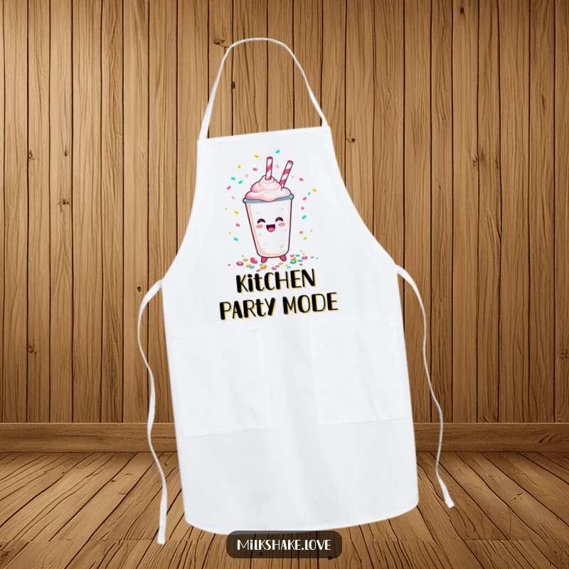 Funny Happy Milkshake Cup Apron, a cartoon character spilling confetti during cooking, adding humor and festive cheer to kitchen activities.