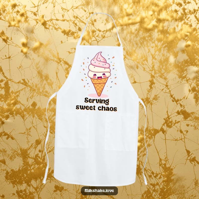 Funny apron depicting a happy ice cream cone spinning with sprinkles flying everywhere, adding sweet charm to kitchen activities.