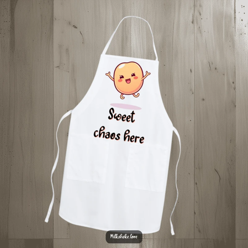 Funny apron depicting a wobbly jelly bean with tiny legs doing a cartwheel, adding sweet charm to kitchen activities.