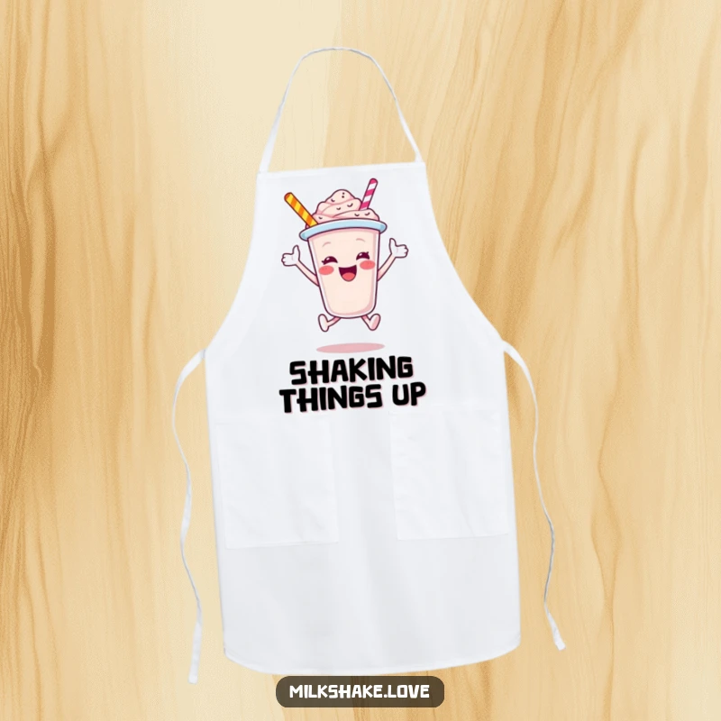 Funny Milkshake Cup Apron, a jubilant cartoon character in a dynamic leap, perfect for adding humor and cheer to kitchen activities, durable and stylish.