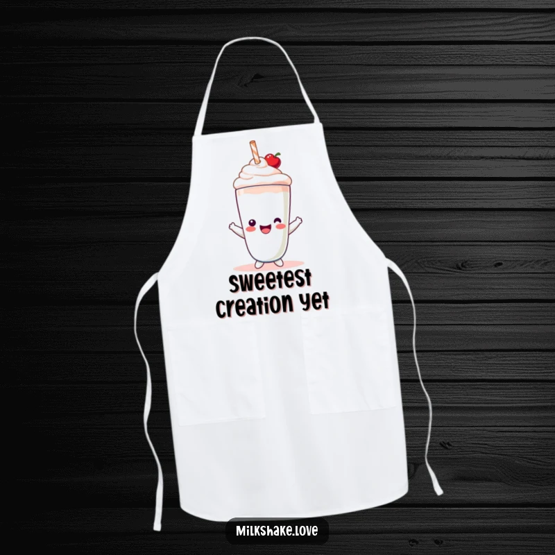 Funny Apron depicting a joyful Kawaii milkshake character wearing a cherry hat, perfect for kitchen fun and baking.