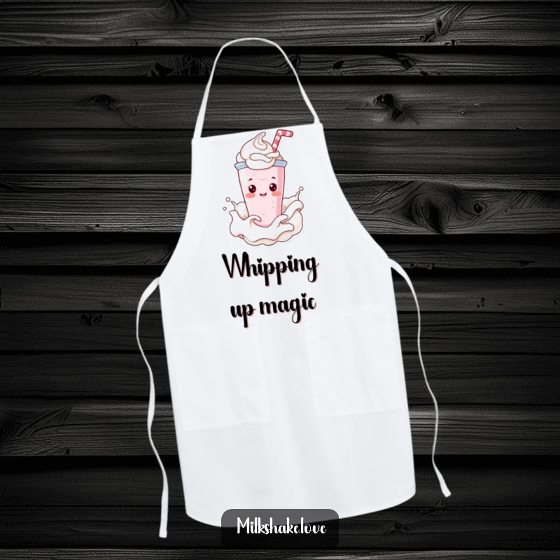 Funny Apron depicting a joyful Kawaii milkshake character happily splashing through a swirl of whipped cream, perfect for baking.