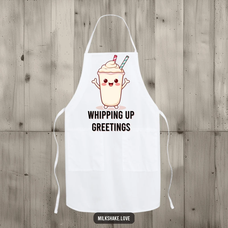 Funny Apron depicting a joyful Kawaii milkshake character waving cheerfully with its straw, perfect for kitchen greetings.