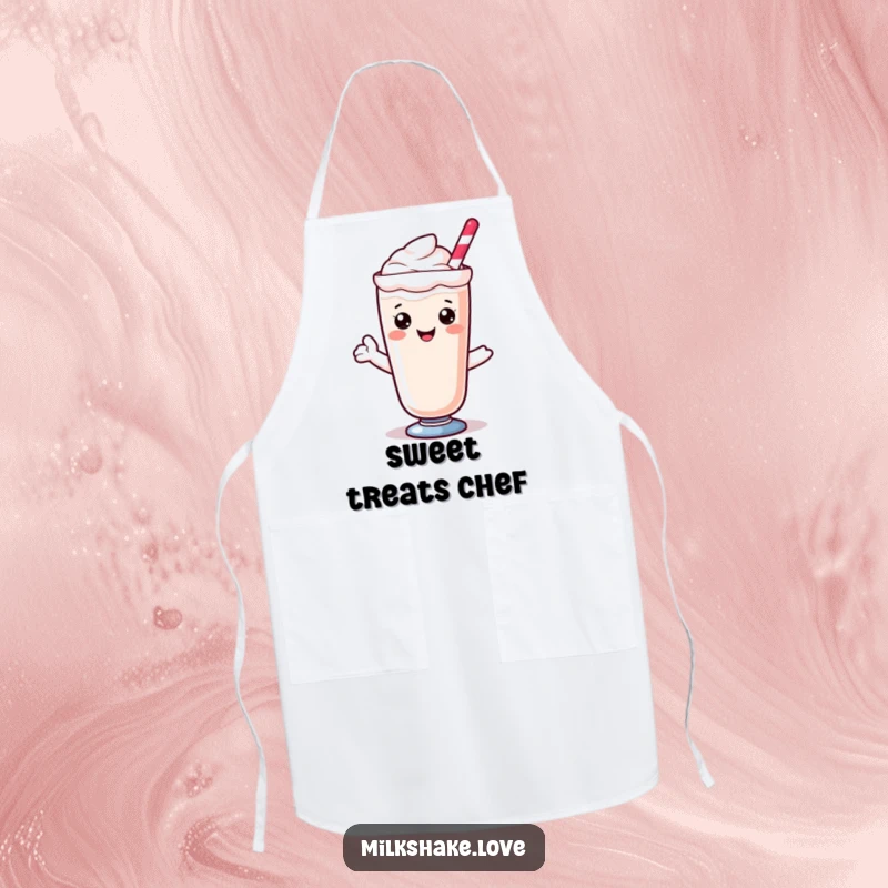 Kawaii milkshake character with a sweet smile, depicted on an apron for a delightful cooking experience.