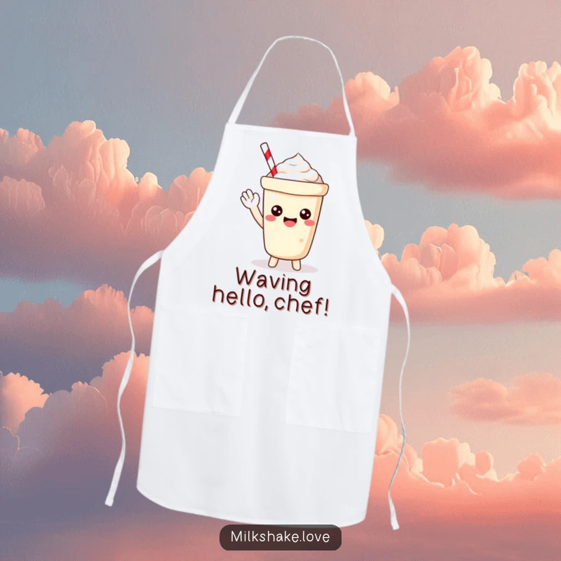 Funny Apron featuring a petite Kawaii milkshake with a happy, bubbly expression, waving hello while you whip up treats.