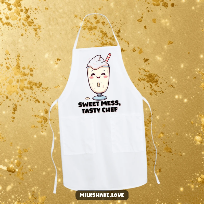 Funny Kawaii Milkshake Apron, a giggling character spills a drop, kitchen accessory for cooking and baking, humorous present.