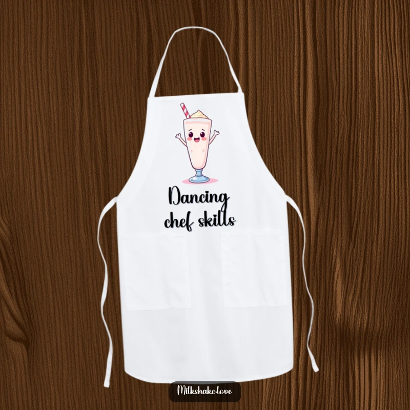 Funny Kawaii milkshake in a tall glass, doing a happy dance, printed on a kitchen apron for cheerful culinary creations.