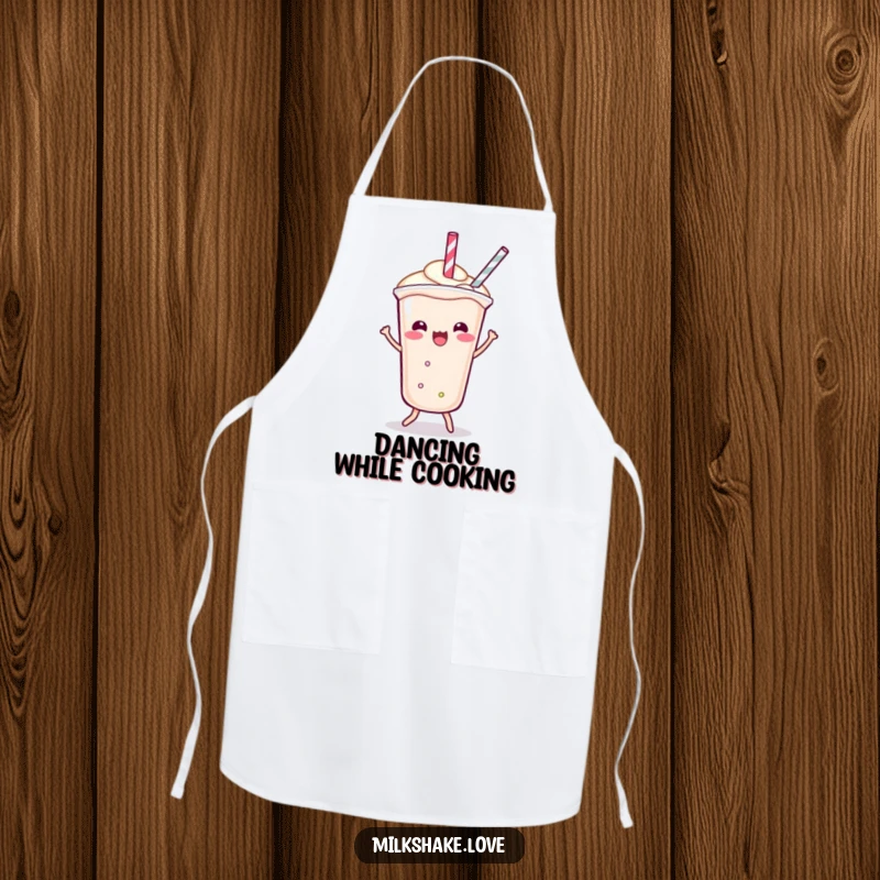 Funny Apron showing a Kawaii milkshake doing a playful shimmy, its straw dancing with glee while you cook up a storm.