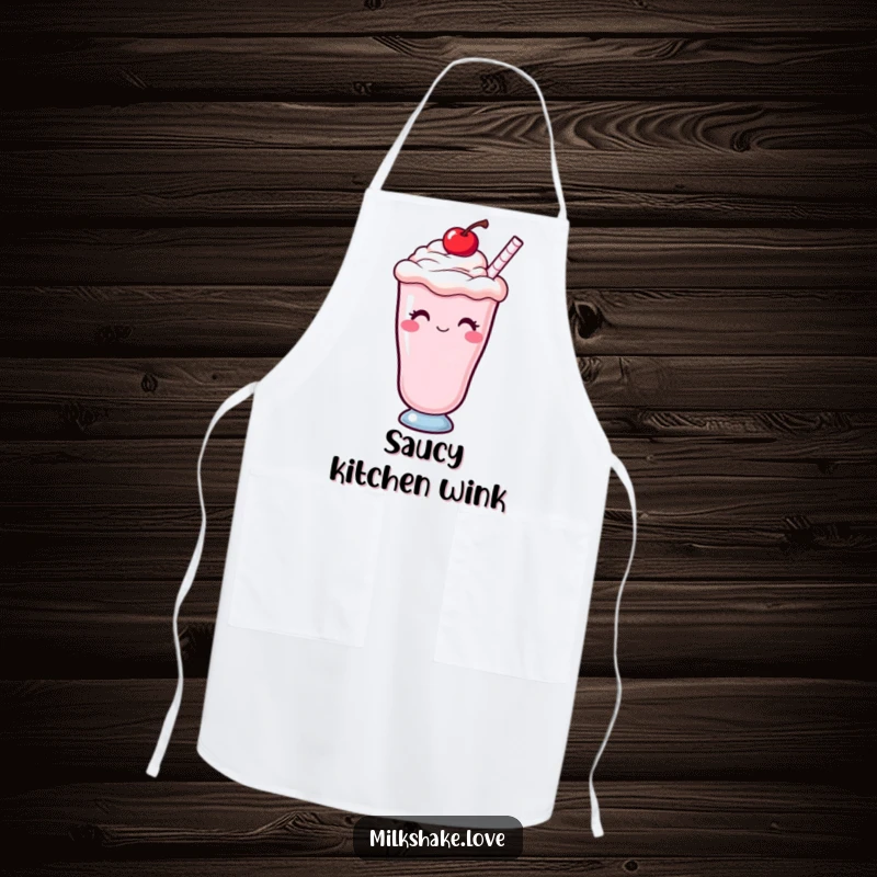 Funny Kawaii milkshake with a cherry on top, winking, printed on a kitchen apron for sweet and cheeky culinary creations.