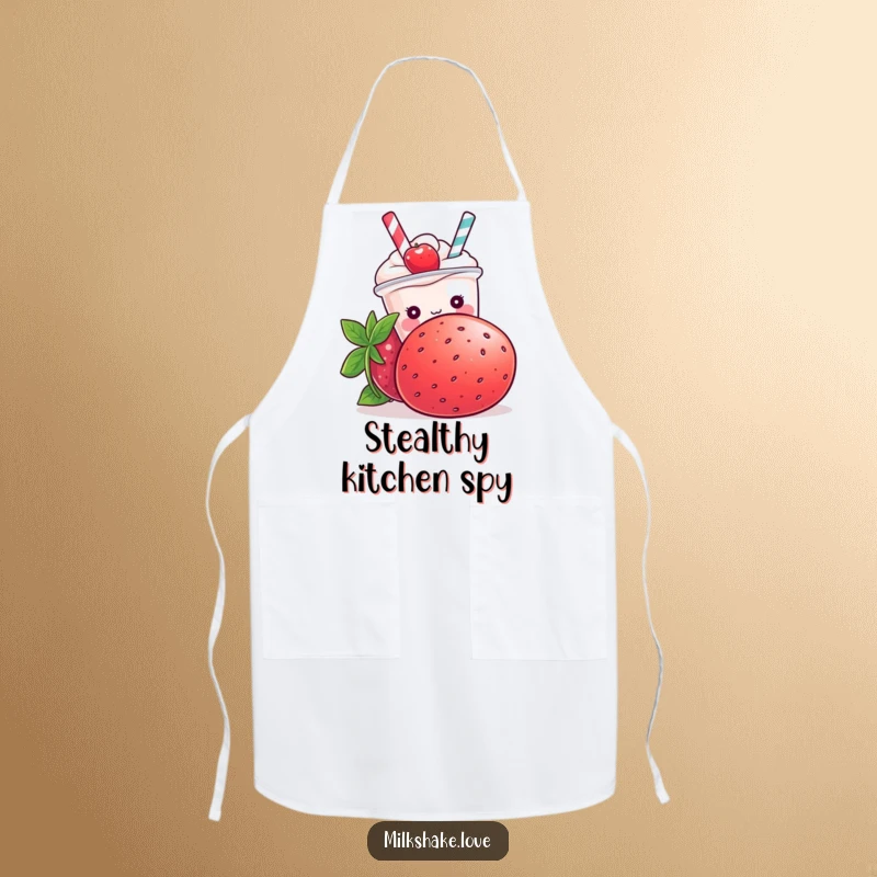 Funny Kawaii milkshake character peeking from behind a giant strawberry on a cute and functional kitchen apron.