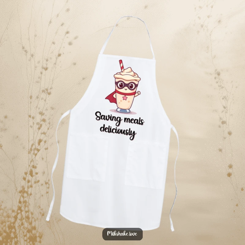 Funny Kawaii milkshake character wearing a superhero cape, standing proudly in a kitchen apron, ready to cook.