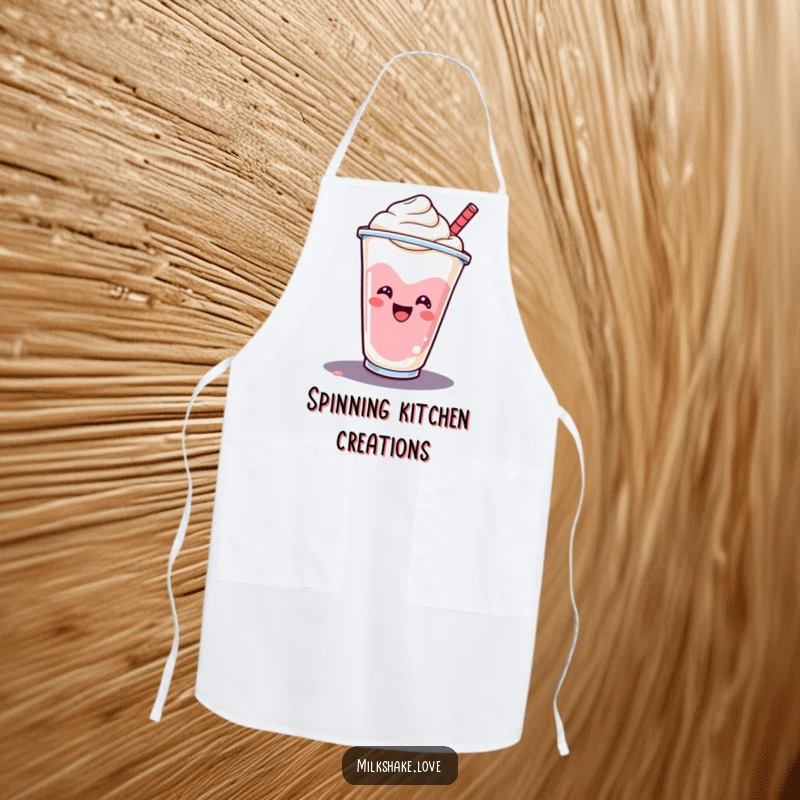 Funny smiling milkshake cup doing a cheerful spin, making this apron a delightful kitchen companion.