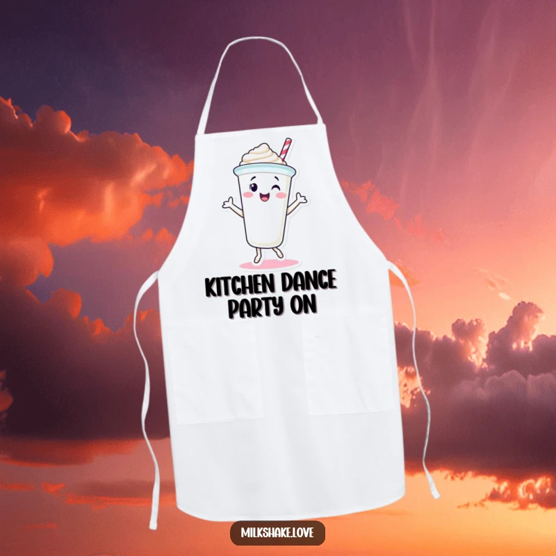Funny Milkshake Cup Apron with a smiling milkshake character dancing joyfully. Adds a sweet, humorous touch to kitchen tasks.