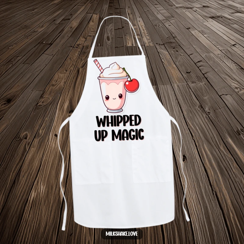 Funny milkshake cup with curious eyes looking at a cherry. Humorous apron for sweet kitchen creations.