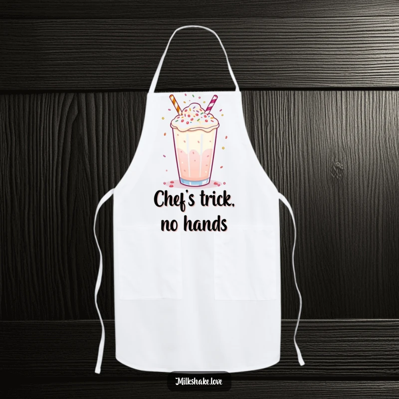 Funny milkshake apron showing a bubbly drink juggling tiny sprinkles with its surface, great for a kitchen gift.