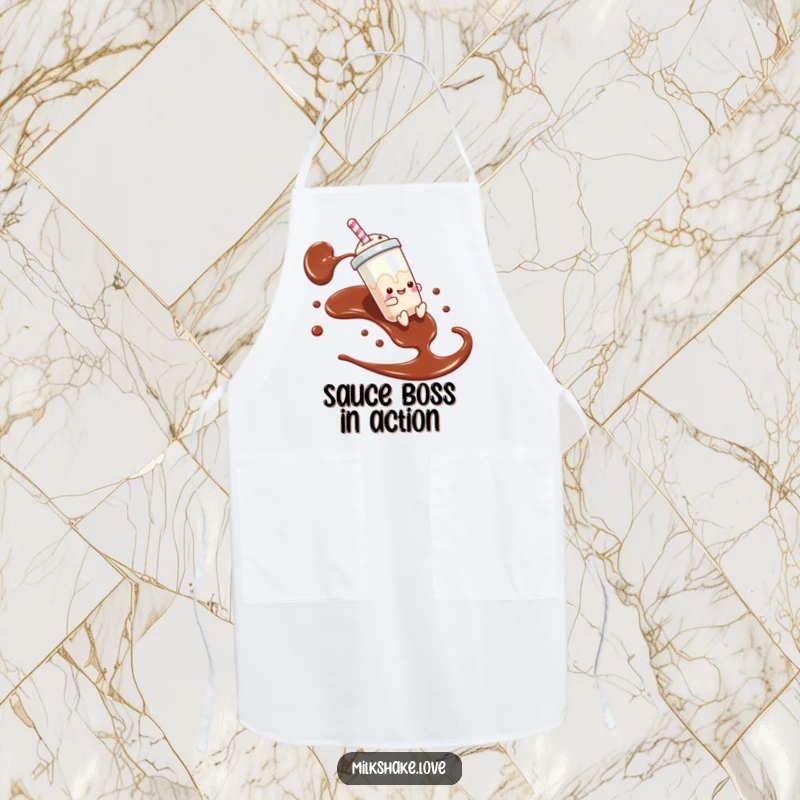 Funny kitchen apron showing a milkshake sliding down chocolate syrup, perfect for adventurous cooks.