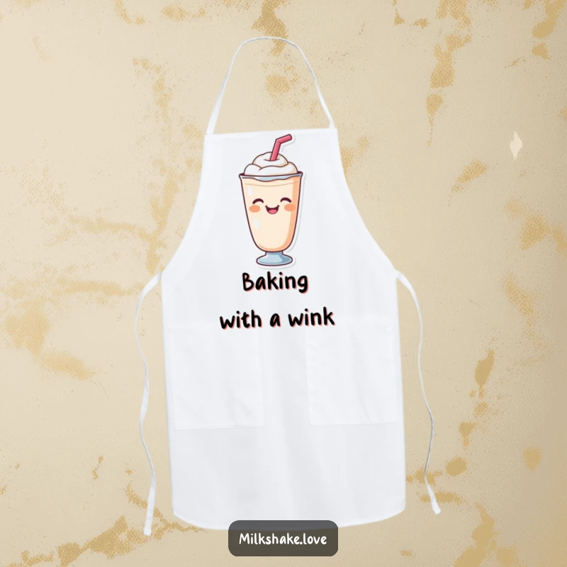 A cute milkshake with a straw winking playfully, featured on a practical and funny apron for kitchen fun.