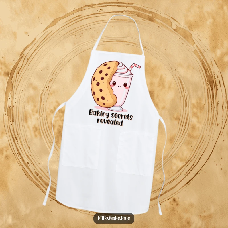 Funny kawaii milkshake apron with a shy milkshake peeking from behind a giant cookie, ideal for a fun and charming cooking experience.