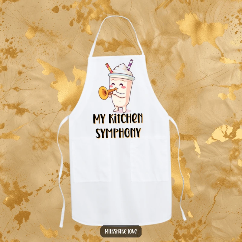 Funny Apron: A delightful milkshake cup character playing a tiny trumpet, perfect for adding musical fun to cooking.