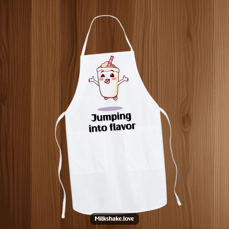 Funny milkshake character joyfully jumping with a straw in its mouth, a humorous design for a kitchen apron.