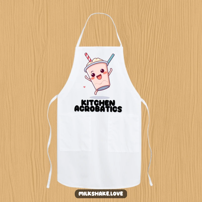 Funny Milkshake Somersault Apron showing a cute anthropomorphic milkshake cup performing a fun somersault, perfect for kitchen fun.