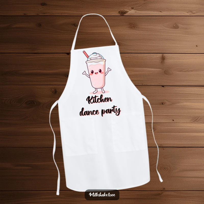 Funny Apron depicting a joyful Kawaii milkshake character doing a silly dance with its lid, perfect for kitchen fun.
