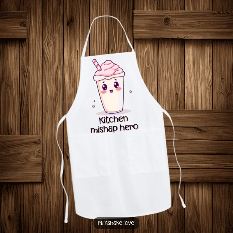 Funny Kawaii Milkshake Apron: A surprised milkshake character spilling, a humorous addition to kitchen wear.
