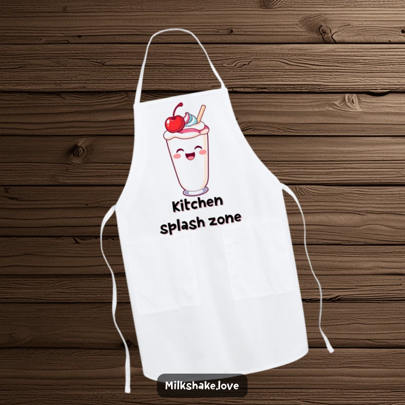 Funny laughing kawaii milkshake spilling a colorful swirl, a humorous apron for kitchen fun.