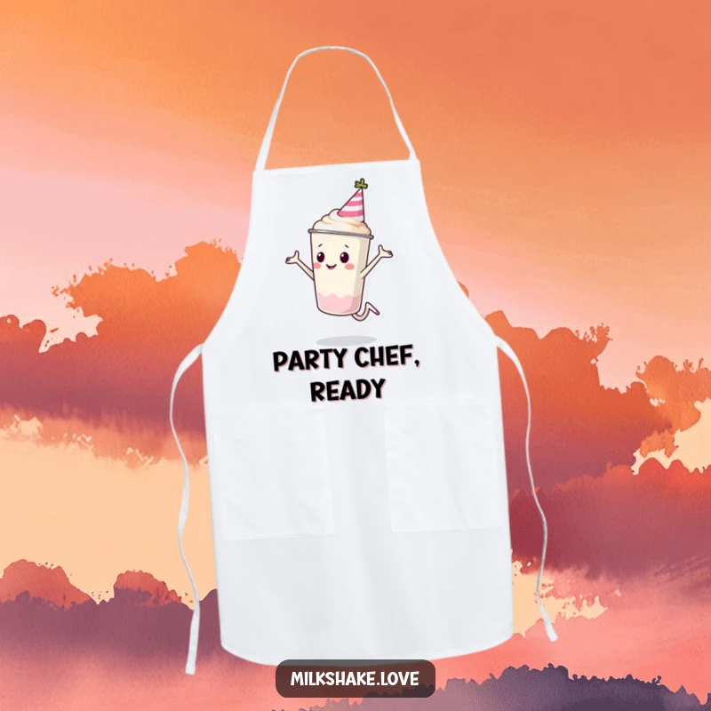Funny Milkshake Cup Apron with a milkshake character in a party hat doing a cartwheel. Adds a festive, humorous touch to kitchen tasks.