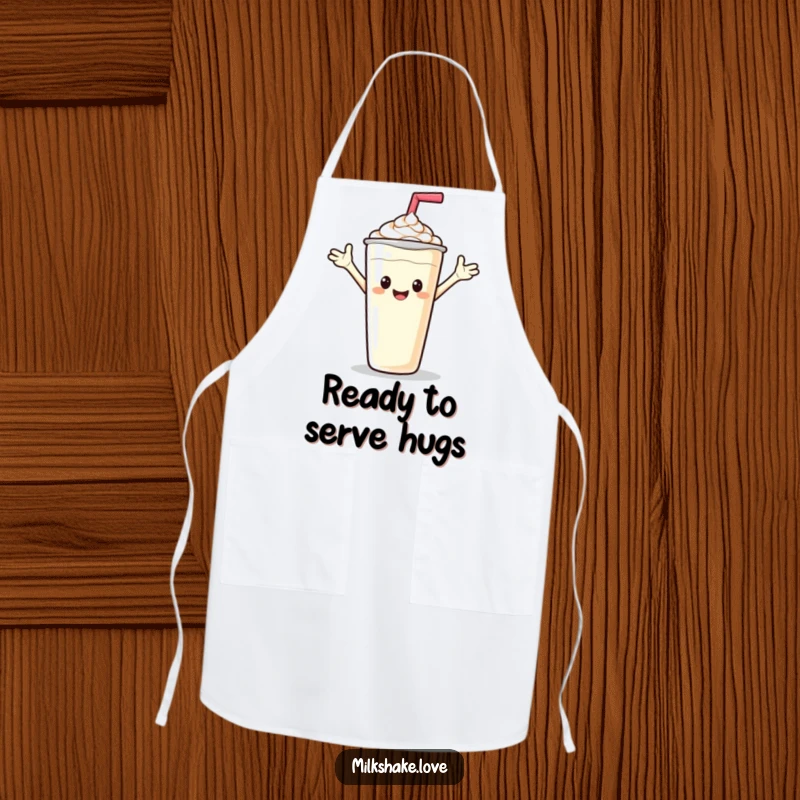 Funny kitchen apron showing a milkshake extending arms for a friendly wave, perfect for cheerful cooking.