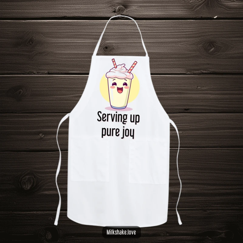Funny kawaii milkshake apron, giggling and pointing upwards with excitement, a humorous and practical kitchen accessory for cooking.