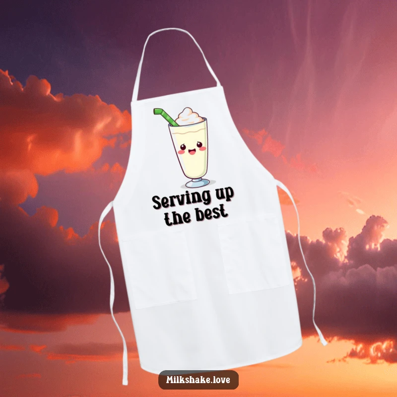 Funny kawaii milkshake apron with a cute glass enthusiastically offering a giant straw, ideal for a fun and practical cooking experience.