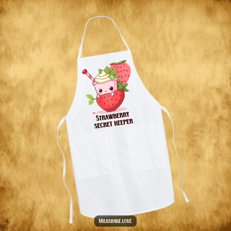 Funny Kawaii Milkshake character attempting to hide behind a giant strawberry while wearing a cute kitchen apron.