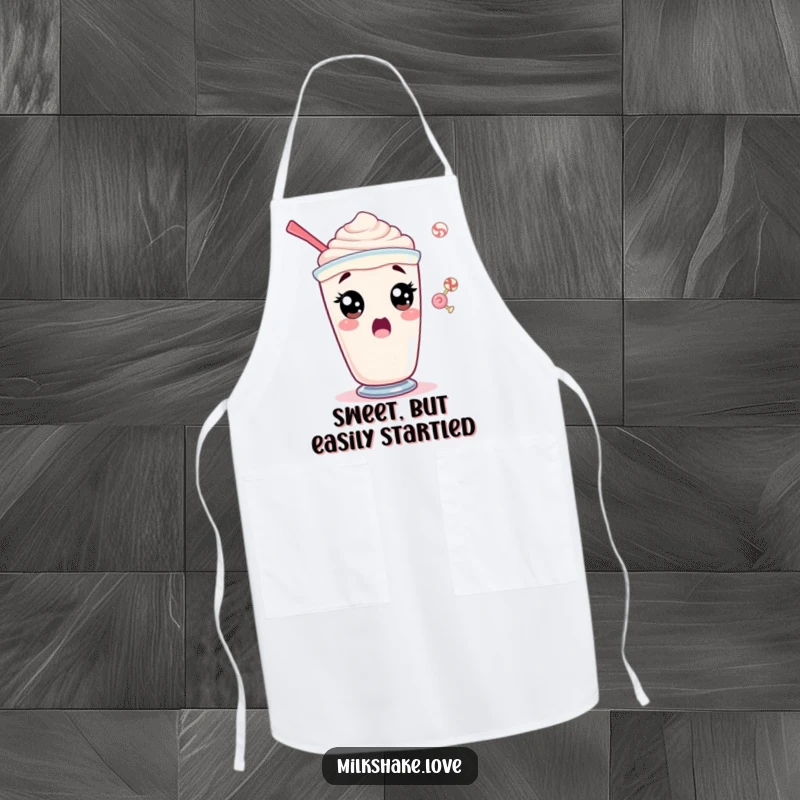 Funny apron showing a surprised milkshake character with wide eyes reacting to a culinary surprise.