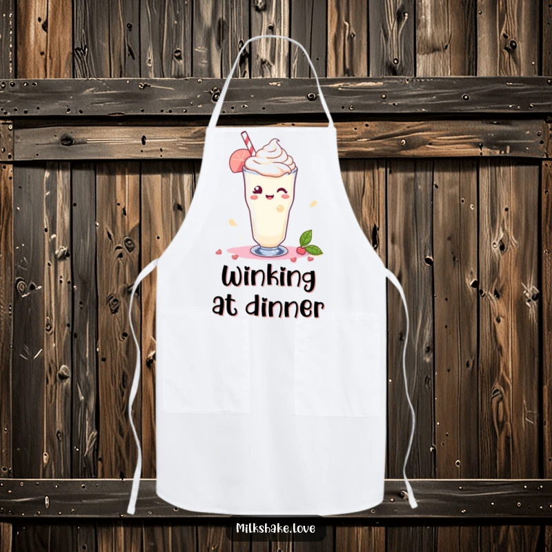 Funny Apron showing a Kawaii milkshake winking playfully, with a swirl of delight adding a charming touch while you cook.