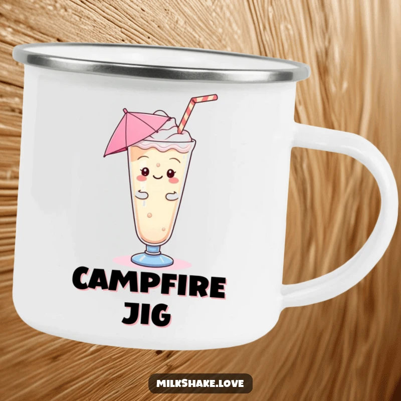 Funny Kawaii Milkshake Camping Mug: A kawaii milkshake character doing a jig, perfect for outdoor fun and humor.