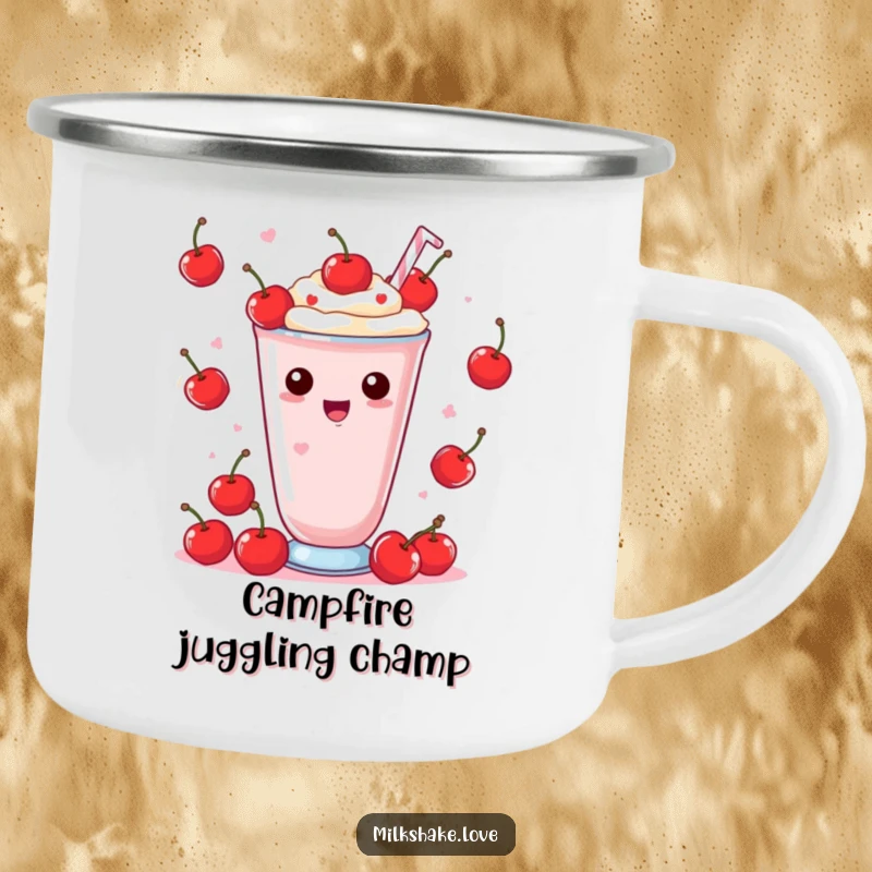 Funny Camping Mug showing a Kawaii milkshake joyfully juggling tiny cherries, ready for outdoor fun and delightful sips.