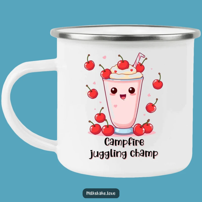 Funny Kawaii Milkshake Camping Mug: Juggling Cherries Adventure, Perfect Fun Gift