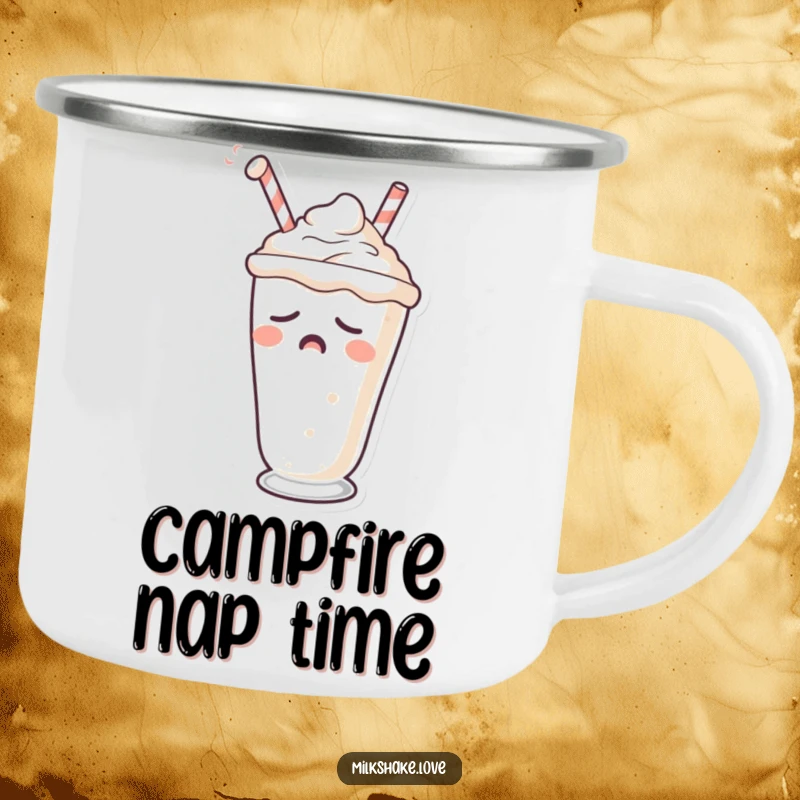 Funny camping mug with a sleepy milkshake character yawning with a drooping straw.