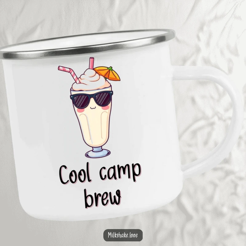 Funny Kawaii milkshake camping mug, a sturdy mug with a cool character wearing sunglasses, perfect for outdoor refreshment.