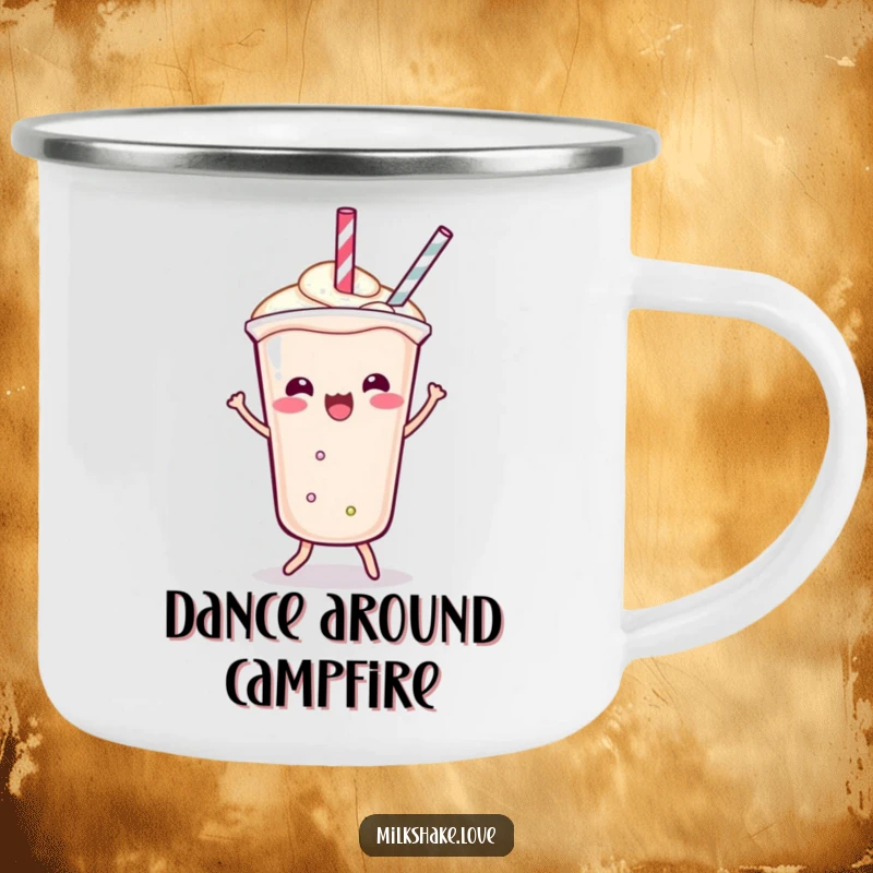 Funny Camping Mug featuring a Kawaii milkshake doing a playful shimmy, its straw dancing energetically for fun outdoor moments.