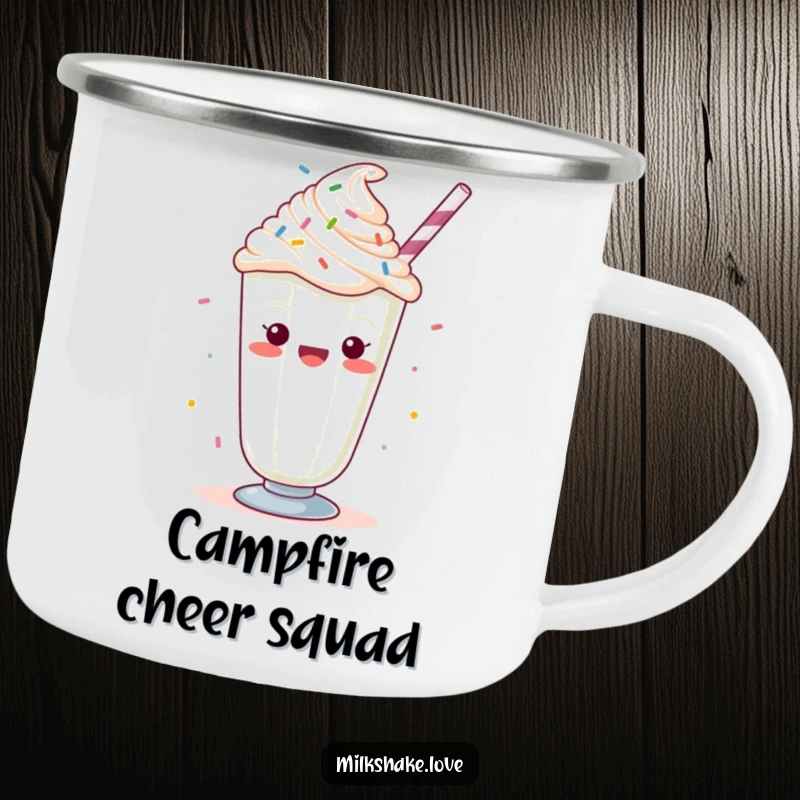 Funny Kawaii milkshake with whipped cream and sprinkles, cheering, on a sturdy camping mug for outdoor enjoyment and festive vibes.
